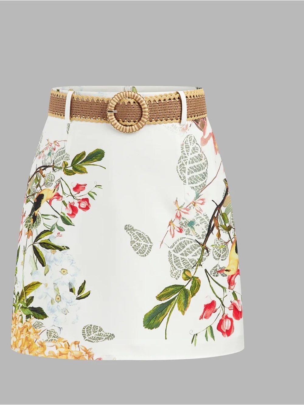 Commense White Mini Skirt with Floral & Bird Motif and Woven Tan Belt Size S